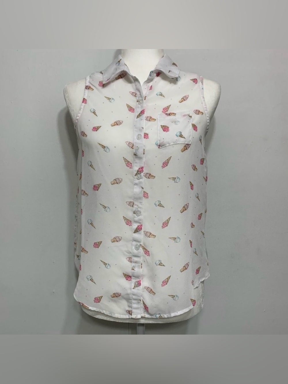 No Boundaries White Sleeveless Split Back Button Up Ice Cream Kawaii Summer Top